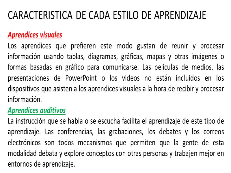 CARACTERISTICA DE CADA ESTILO DE APRENDIZAJE  Aprendices visuales Los aprendices que prefieren este